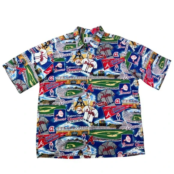 Reyn Spooner Vintage Hawaiian Atlanta Braves MLB Baseball Button Up Shirt Large - Picture 2 of 8